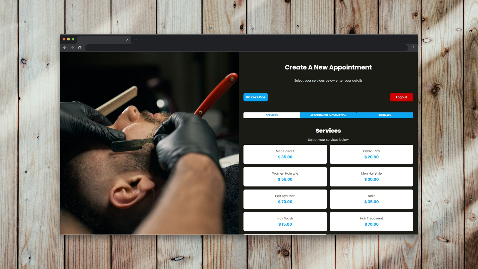 Screenshot of the project Barbershop App – Appointment & Services Management